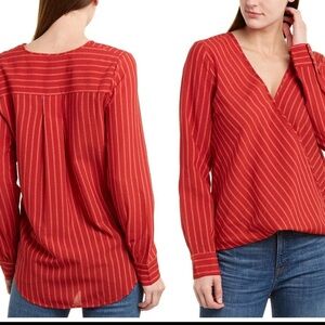 BCBGMAXAZRIA blouse wrap‎ front Women's Red Striped long sleeve size small  Top